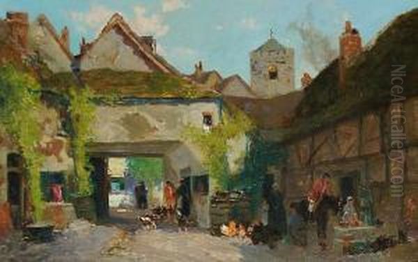 A Busy Courtyard Oil Painting by George Charles Haite