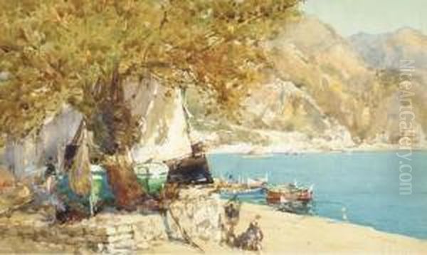 The Boat Ashore, Villefranche Oil Painting by George Charles Haite