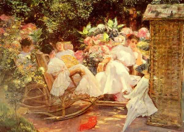 Ladies In A Garden Oil Painting by Jose Villegas y Cordero