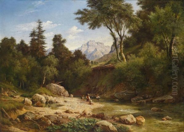 Young Anglers By The Stream Oil Painting by Ludwig Halauska