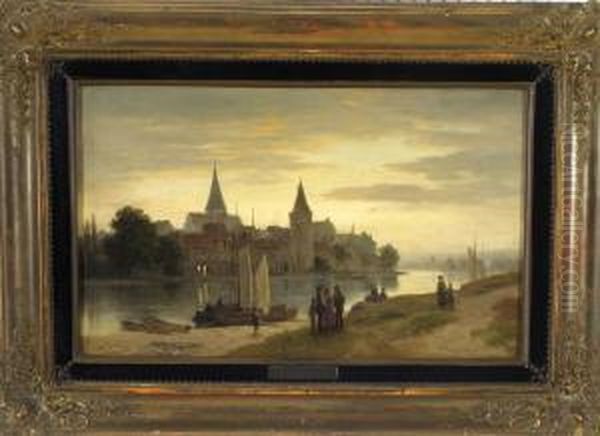 Blick Auf Eine Mittelalterliche 
Stadt Am Flussufer In Abendlicher Landschaft Mit Reicher 
Personenstaffage Oil Painting by Ludwig Halauska