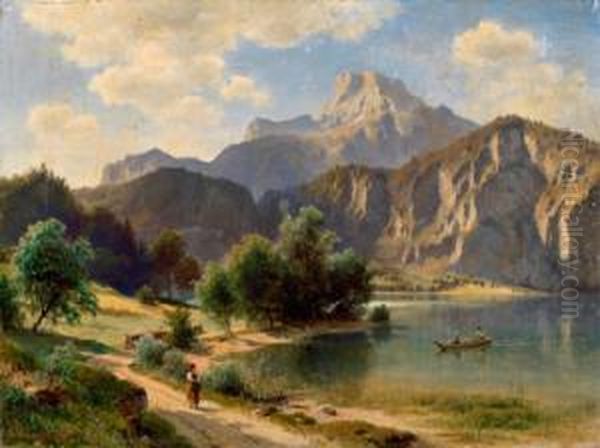 Partie Vom Mondsee Mit Derkienbergwand Und Dem Schafberg Oil Painting by Ludwig Halauska