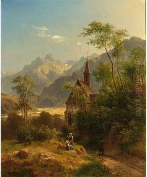 Peasants In An Alpine Landscape Near A Church Oil Painting by Ludwig Halauska