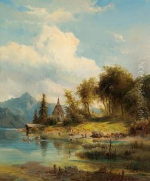 A Chapel On The Lake Side Oil Painting by Ludwig Halauska