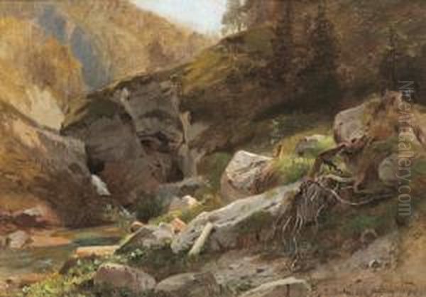 Rocky Stream Side Oil Painting by Ludwig Halauska