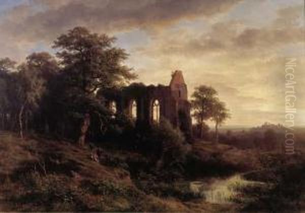 Abendlandschaft Mit Kirchenruine Oil Painting by Ludwig Halauska