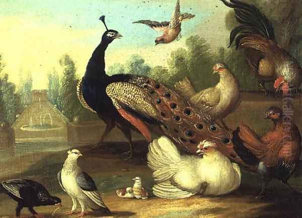 A Peacock Doves Chickens and a Jay in a Park Oil Painting by Marmaduke Craddock