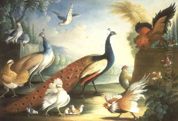 Two Peacocks Doves Chickens and a Rooster in a Parkland Oil Painting by Marmaduke Craddock