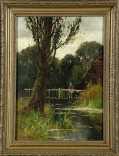 A Woman On A Rustic Bridge Near A Watermill Oil Painting by Richard William Halfnight