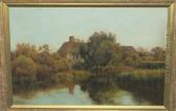 Summer River Landscape With 
Swallows Above A Pond In The Foreground With Thatched Cottages Amongst 
Trees And A Mother And Child Beside A Doorway Beyond Signed Oil Painting by Richard William Halfnight