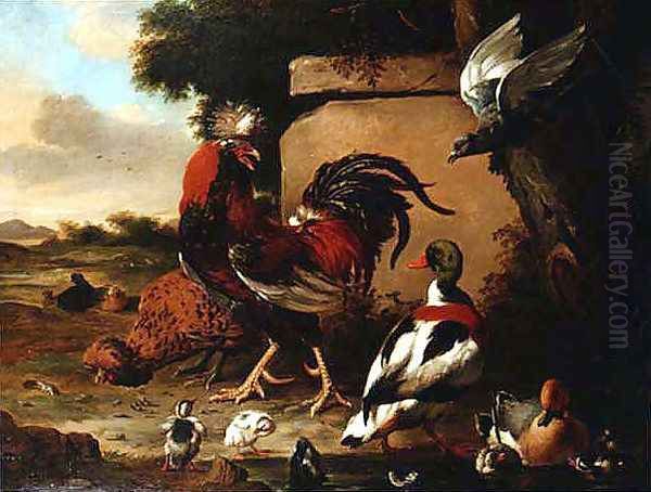 Cockerel with Ducks, Ducklings and Pigeon Oil Painting by Marmaduke Craddock