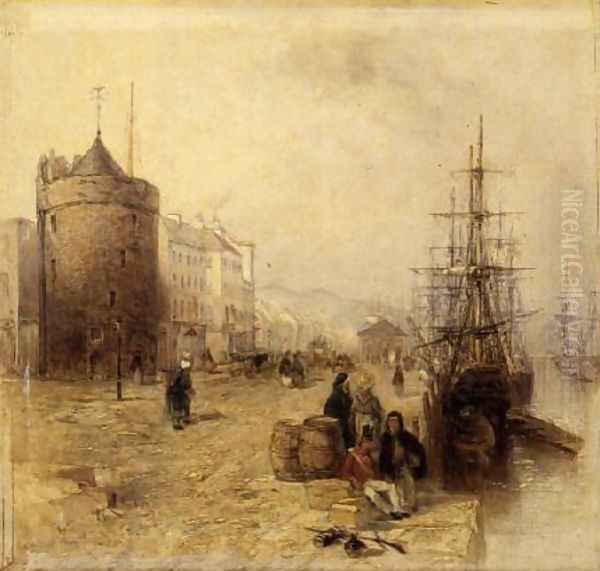 Figures on a Quay, Waterford Oil Painting by Thomas Creswick