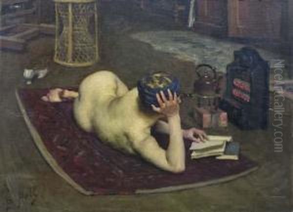 Nude Reading At Studio Fire Oil Painting by Bernard Hall