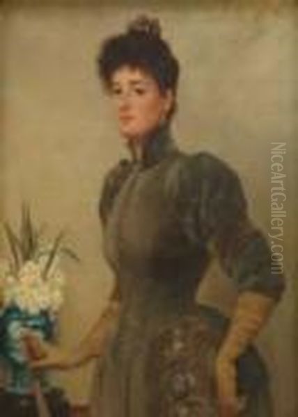 Hall, Portrait Of Alady Standing By A Vase Of Flowers Oil Painting by Bernard Hall