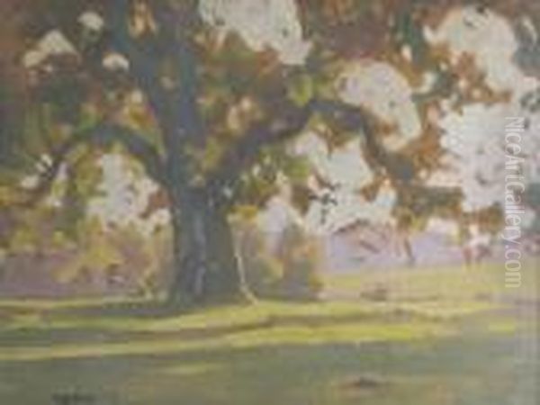 A Figure Sitting In Dappled Sunlight Beneath The Branches Of A Tree Oil Painting by Frederick Hall