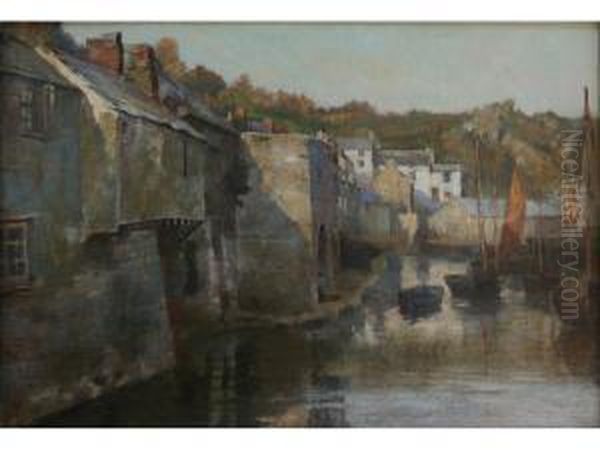 A Cornish Harbour Oil Painting by Frederick Hall