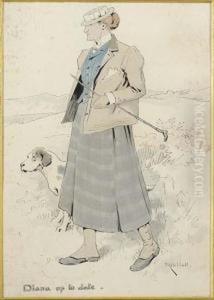 Portrait Of Anedwardian Country Lady, Walking Her Working Dog Over Moorland Oil Painting by Frederick Hall