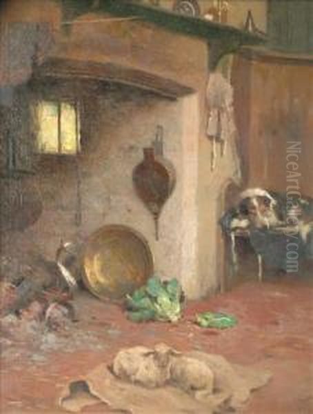 A Country Kitchen Oil Painting by Frederick Hall