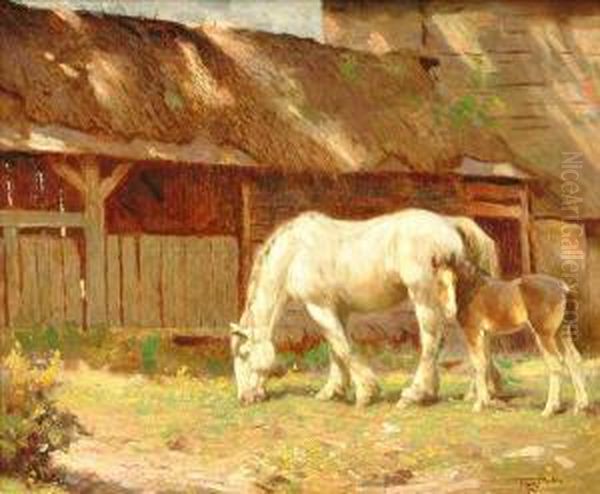 Horses By Thestable Oil Painting by Frederick Hall