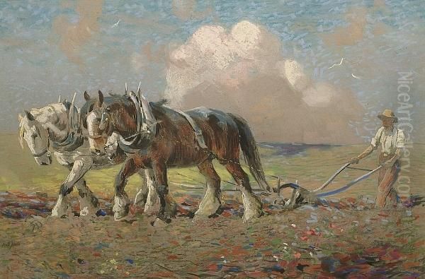 A Plough Team At Work Oil Painting by Frederick Hall