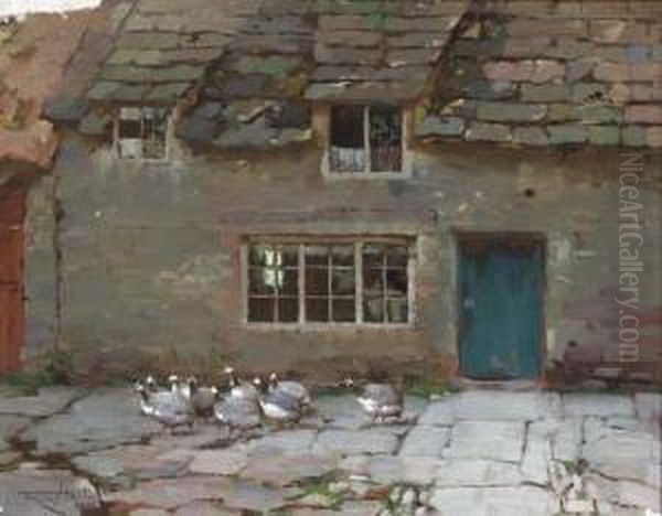 Guinea Fowl Before A Cottage Oil Painting by Frederick Hall