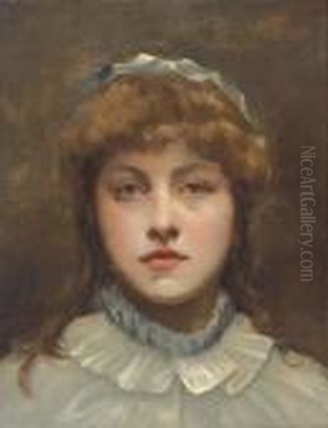 Portrait Of A Girl, Head-and-shoulders, In A White Dress Oil Painting by Frederick Hall