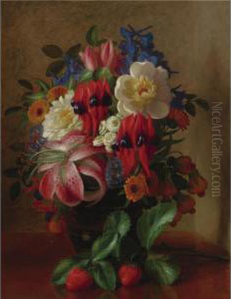 Still Life With Flowers And Strawberries Oil Painting by George Henry Hall