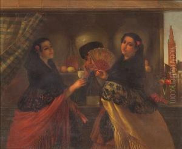 Ladies In Traditional Sevillan 
Dress At A Vendor's Stall With The Giralda Tower Of Seville Beyond Oil Painting by George Henry Hall