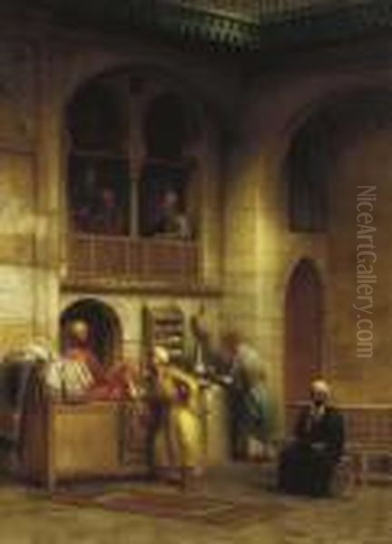 In A Rug Bazaar, Cairo Oil Painting by George Henry Hall