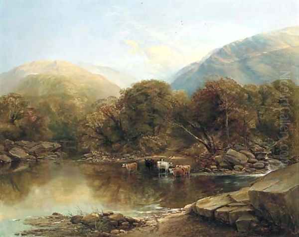 'Afternoon' Cattle watering by a lake in a mountainous landscape Oil Painting by Thomas Creswick