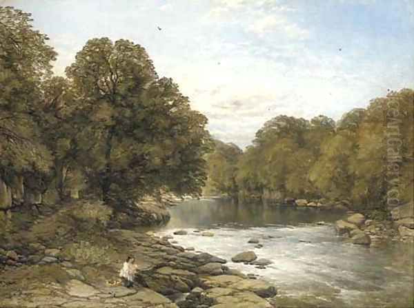 A wooded river landscape with a mother and child seated on the bank Oil Painting by Thomas Creswick