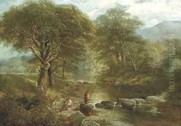 Figures by a River in the Woods Oil Painting by Thomas Creswick