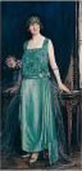 Full Length, Standing, Wearing A
 Green Dress And Matching Bandeau, Flowers On A Table To The Left Oil Painting by Maud Hall-Neale