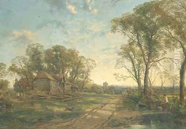 View in Surrey, with figures and a dog by a barn, a church tower beyond Oil Painting by Thomas Creswick