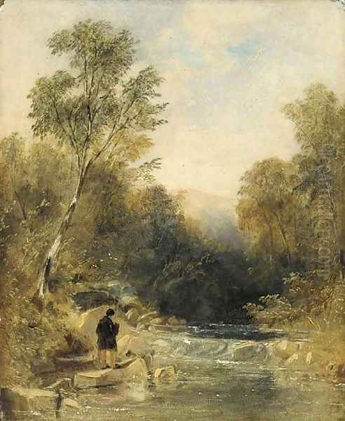 An angler on the bank of a rocky river Oil Painting by Thomas Creswick