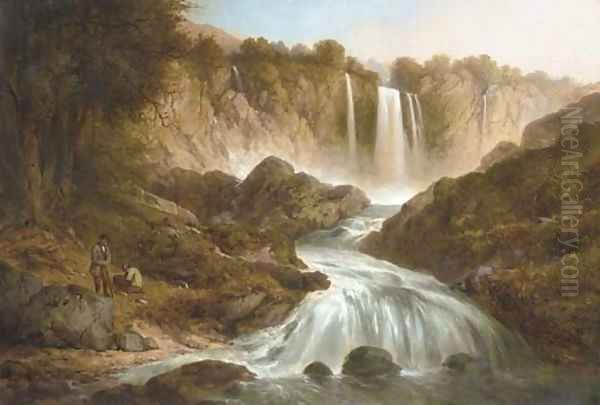 Anglers by a waterfall Oil Painting by Thomas Creswick