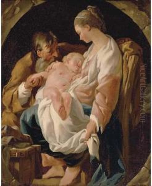 The Holy Family, In A Feigned Oval Oil Painting by Noel Halle