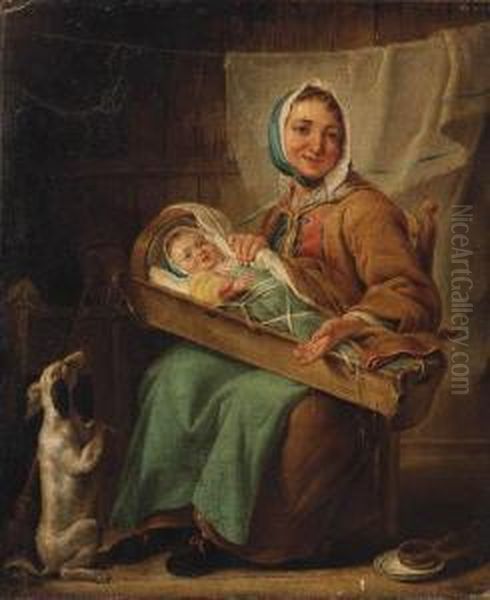 La Piemontoise: A Mother And Child With A Dog In An Interior Oil Painting by Noel Halle