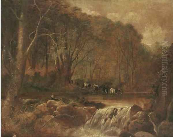 Cattle fording a river Oil Painting by Thomas Creswick