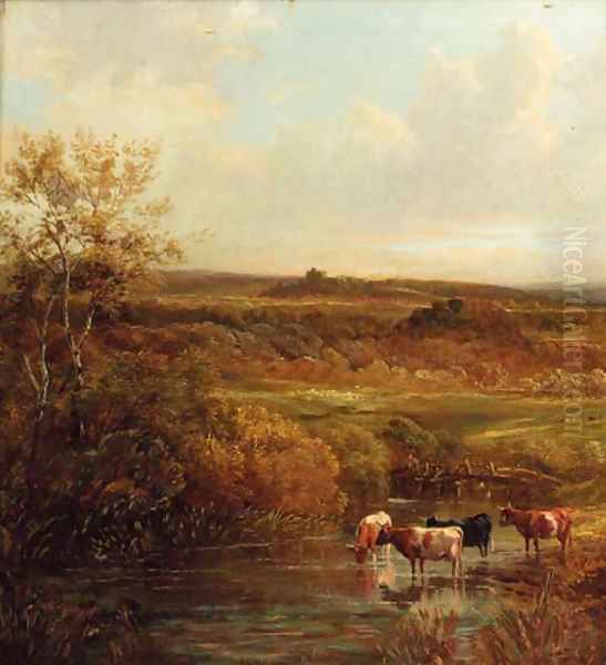 Cattle watering in an extensive landscape Oil Painting by Thomas Creswick