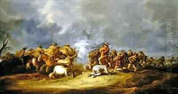 A Calvary Charge mounted troops attacking a musket block Oil Painting by Benjamin Gerritsz. Cuyp