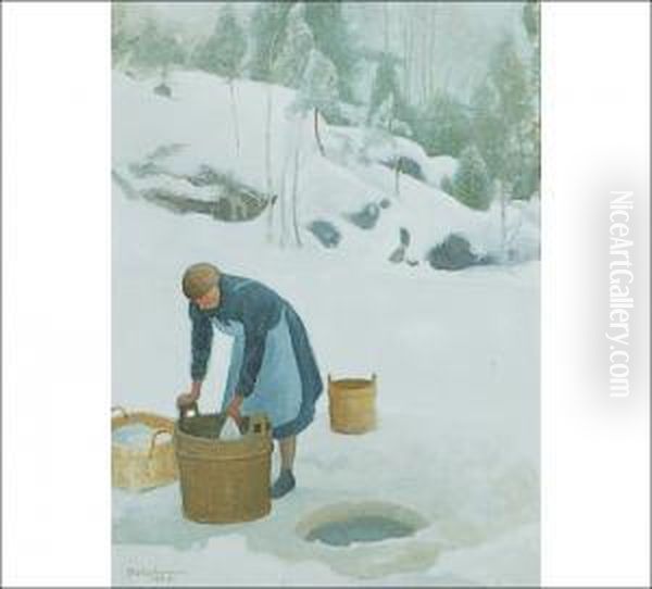 Washing On The Ice Oil Painting by Pekka Halonen