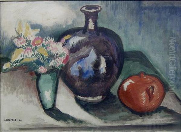 Still Life With Flowers, Apple And Vase Oil Painting by Samuel Halpert