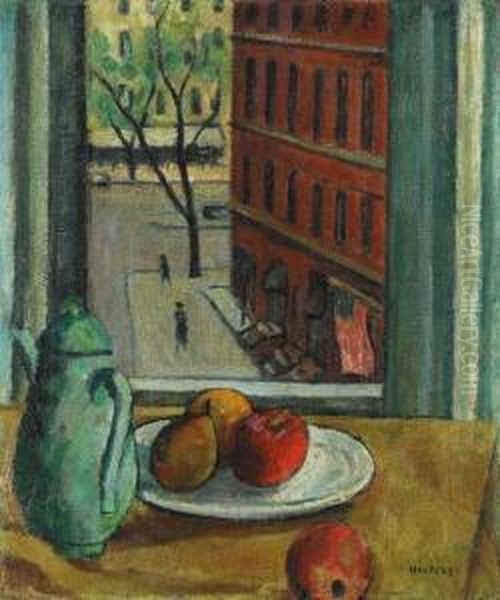 Still Life With Fruit With View Of Street From Window Oil Painting by Samuel Halpert