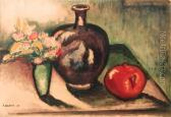 A Still Life With Flowers, An Apple And A Vase Oil Painting by Samuel Halpert