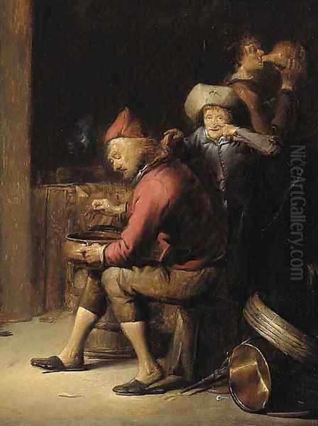 The sense of Smell A boy mocking an old man Oil Painting by Benjamin Gerritsz. Cuyp