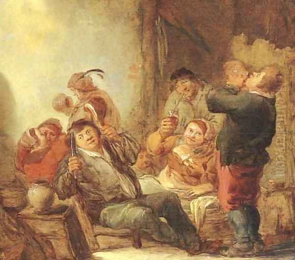 Boors drinking and smoking in a barn Oil Painting by Benjamin Gerritsz. Cuyp