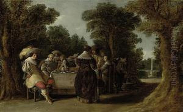 A Banquet With Elegant Company In A Formal Landscape Oil Painting by Dirck Hals