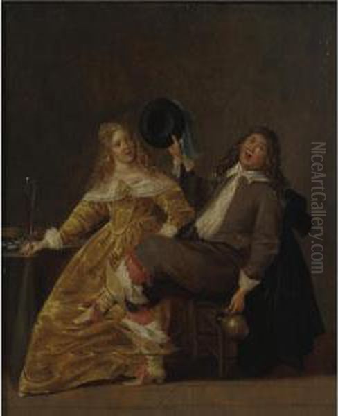 An Elegant Couple Drinking In An Interior Oil Painting by Dirck Hals