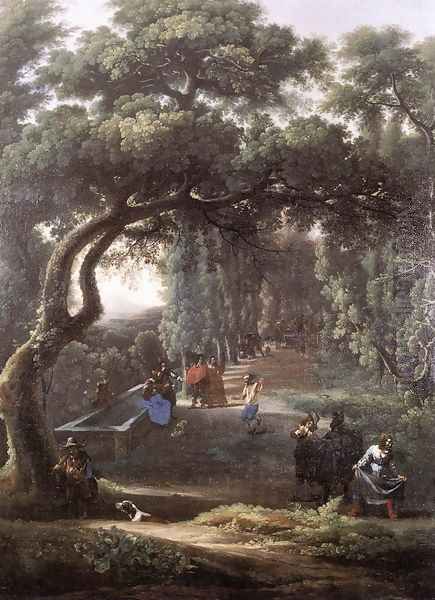 Figures in a Tree-lined Avenue 1640s Oil Painting by Michelangelo Cerquozzi